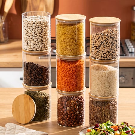 Porsima 1-3 Bambu Vakumlu Kapaklı Yuvarlak Borosilikat Cam 9lu Saklama Kabı 750ml 10x12cm