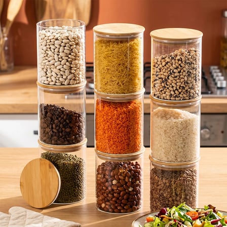 Porsima 1-3 Bambu Vakumlu Kapaklı Yuvarlak Borosilikat Cam 9lu Saklama Kabı 750ml 10x12cm