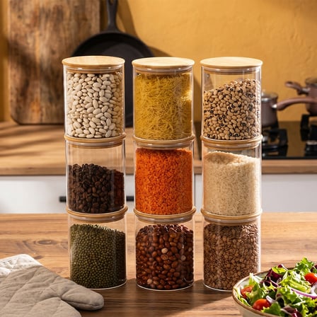 Porsima 1-3 Bambu Vakumlu Kapaklı Yuvarlak Borosilikat Cam 9lu Saklama Kabı 750ml 10x12cm