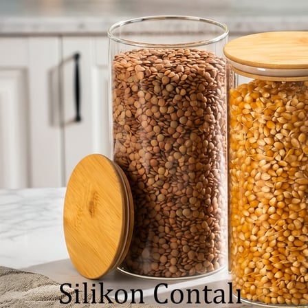 Porsima 2-3 Bambu Vakumlu Kapaklı Yuvarlak Borosilikat Cam 9lu Saklama Kabı 1300ml 10x20cm Şeffaf