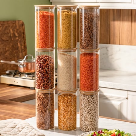Porsima 2-3 Bambu Vakumlu Kapaklı Yuvarlak Borosilikat Cam 9lu Saklama Kabı 1300ml 10x20cm Şeffaf