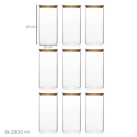 Porsima 2-3 Bambu Vakumlu Kapaklı Yuvarlak Borosilikat Cam 9lu Saklama Kabı 1300ml 10x20cm Şeffaf