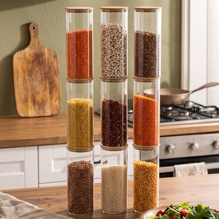Porsima 3-3 Bambu Vakumlu Kapaklı Yuvarlak Borosilikat Cam 9lu Saklama Kabı 1650ml 10x25cm Şeffaf