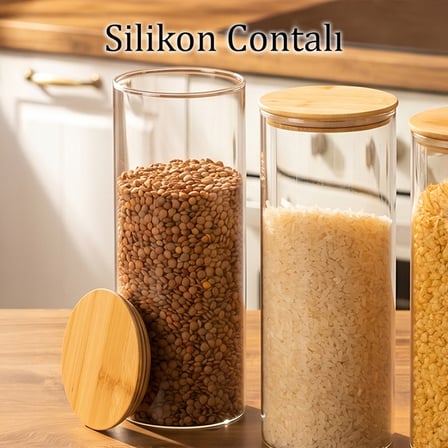 Porsima 3-3 Bambu Vakumlu Kapaklı Yuvarlak Borosilikat Cam 9lu Saklama Kabı 1650ml 10x25cm Şeffaf