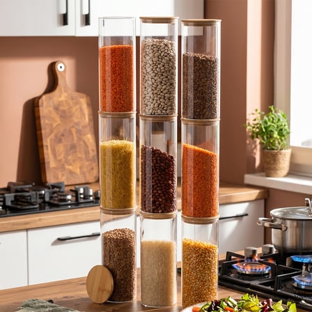 Porsima 3-3 Bambu Vakumlu Kapaklı Yuvarlak Borosilikat Cam 9lu Saklama Kabı 1650ml 10x25cm Şeffaf