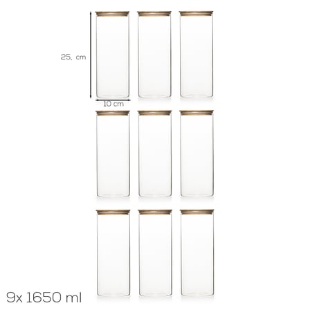 Porsima 3-3 Bambu Vakumlu Kapaklı Yuvarlak Borosilikat Cam 9lu Saklama Kabı 1650ml 10x25cm Şeffaf