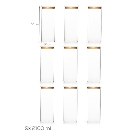 Porsima 4-3 Bambu Vakumlu Kapaklı Borosilikat Cam 9lu Saklama Kabı 2100ml 10x30cm Şeffaf