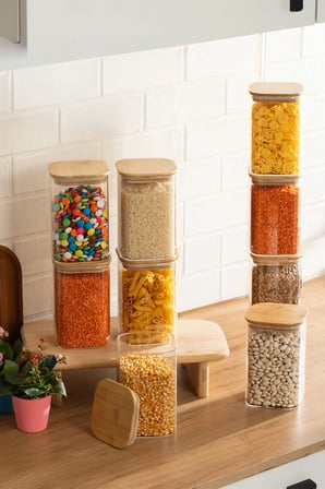 Porsima 6-3 Bambu Vakumlu Kapaklı Kare Borsilikat Cam 9lu Kavanoz Seti Saklama Kabı 1250ml 9,5x15cm