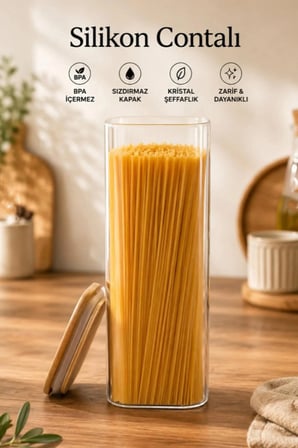 Porsima 7-3 Bambu Vakumlu Kapaklı Kare Borsilikat Cam 9lu Kavanoz Seti Saklama Kabı 1900ml 9,5x27cm