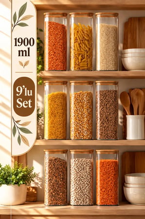 Porsima 7-3 Bambu Vakumlu Kapaklı Kare Borsilikat Cam 9lu Kavanoz Seti Saklama Kabı 1900ml 9,5x27cm