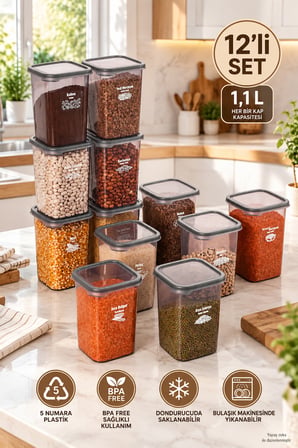 Porsima 4512 Kiler Box 12'li Set 1.1 Litre Kare Erzak Saklama Kabı - Mutfak Düzenleyici Kutu