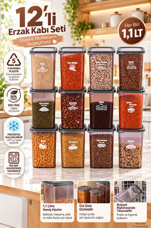 Porsima 4512 Kiler Box 12'li Set 1.1 Litre Kare Erzak Saklama Kabı - Mutfak Düzenleyici Kutu