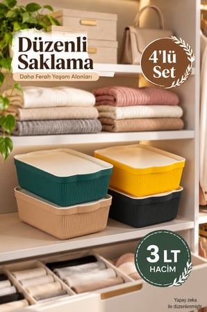 Porsima 4515 Mix Still Box 4'lü Set 3 Lt Kapaklı Çok Amaçlı Mutfak & Dolap İçi Düzenleyici