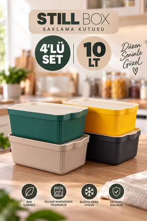 Porsima 4516 Mix Still Box 4'lü Set 10 Lt Kapaklı Çok Amaçlı Mutfak & Buzdolabı Düzenleyici
