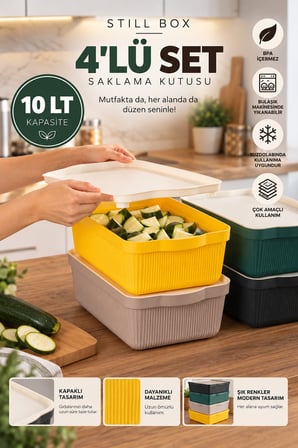 Porsima 4516 Mix Still Box 4'lü Set 10 Lt Kapaklı Çok Amaçlı Mutfak & Buzdolabı Düzenleyici