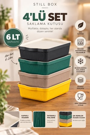 Porsima 4517 Mix Still Box 4'lü Set 6 Lt Kapaklı Çok Amaçlı Mutfak & Dolap İçi Düzenleyici