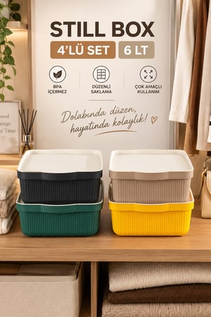 Porsima 4517 Mix Still Box 4'lü Set 6 Lt Kapaklı Çok Amaçlı Mutfak & Dolap İçi Düzenleyici