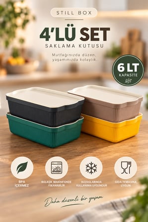 Porsima 4517 Mix Still Box 4'lü Set 6 Lt Kapaklı Çok Amaçlı Mutfak & Dolap İçi Düzenleyici