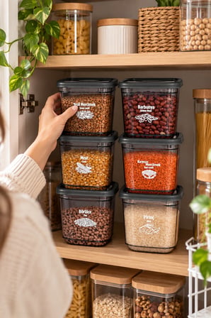 Porsima 4520 Kiler Box 6'lı Füme Erzak Kabı 1.3 Lt - Bakliyat & Baharat Düzenleyici + Etiket