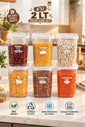 Porsima 4522 6'lı Şeffaf Erzak Kabı Seti 2 Lt - Vakumlu Mutfak Saklama Kabı
