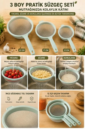 Porsima L-00948 3'lü İnce Gözenekli Tel Süzgeç Seti (350 ml + 650 ml + 1000 ml) – Turkuaz