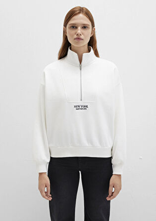 Yarı Fermuarlı Sırt Baskılı Ekru Sweatshirt 1S10502-70057