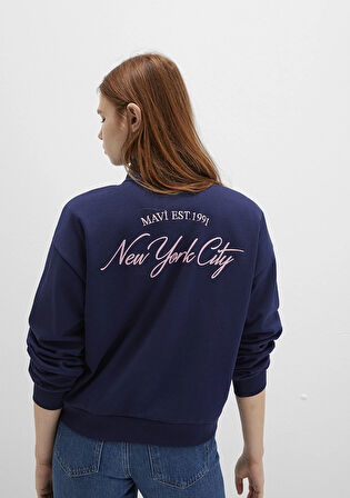 Yarı Fermuarlı Sırt Baskılı Lacivert Sweatshirt 1S10501-80729