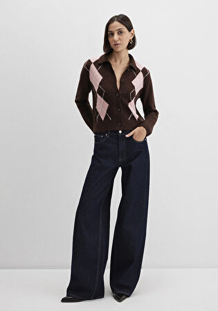 Yün Karışımlı Baklava Desenli Kahverengi Hırka 1710825-70244