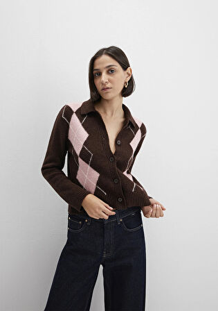 Yün Karışımlı Baklava Desenli Kahverengi Hırka 1710825-70244