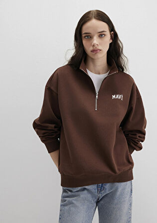 Mavi Logo Baskılı Kahverengi Sweatshirt 1S10179-88062