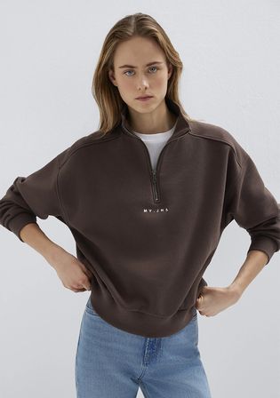 MVJNS Nakışlı Yarı Fermuarlı Kahverengi Sweatshirt 1S10533-71603
