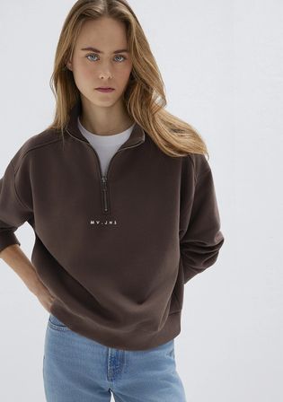 MVJNS Nakışlı Yarı Fermuarlı Kahverengi Sweatshirt 1S10533-71603