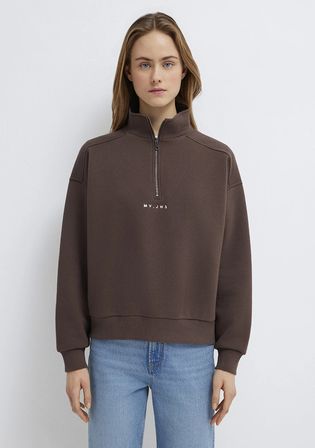 MVJNS Nakışlı Yarı Fermuarlı Kahverengi Sweatshirt 1S10533-71603