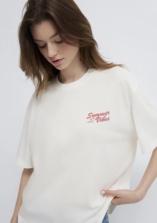 Slogan Baskılı Ekru Tişört 1613905-70057