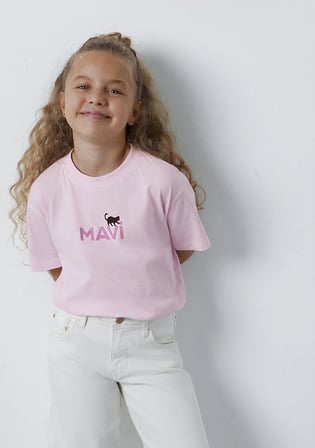 Mavi Logo Kedi Baskılı Pembe Tişört 7610475-90773