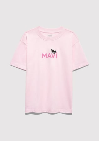Mavi Logo Kedi Baskılı Pembe Tişört 7610475-90773
