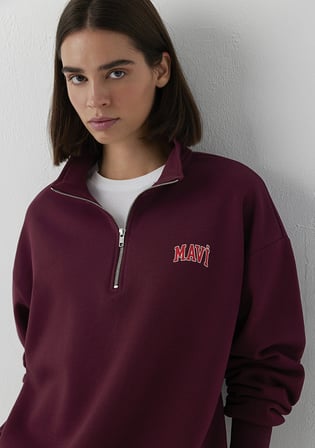 Mavi Logo Baskılı Yarı Fermuarlı Bordo Sweatshirt 1S10179-90705