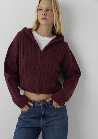 Yün Karışımlı Kapüşonlu Crop Bordo Hırka 1710999-70393