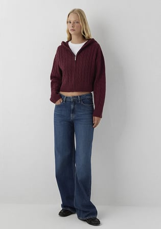 Yün Karışımlı Kapüşonlu Crop Bordo Hırka 1710999-70393