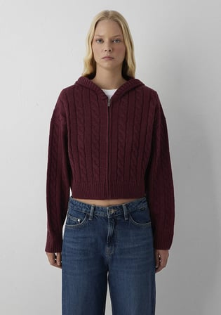 Yün Karışımlı Kapüşonlu Crop Bordo Hırka 1710999-70393