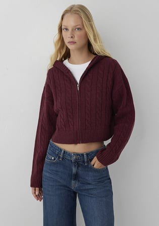 Yün Karışımlı Kapüşonlu Crop Bordo Hırka 1710999-70393