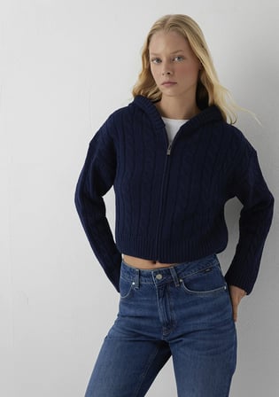 Yün Karışımlı Kapüşonlu Crop Lacivert Hırka 1710999-70492