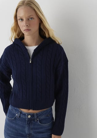 Yün Karışımlı Kapüşonlu Crop Lacivert Hırka 1710999-70492