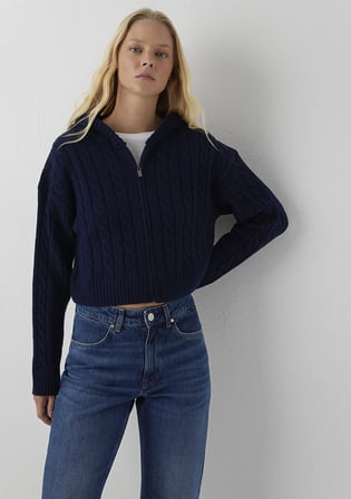 Yün Karışımlı Kapüşonlu Crop Lacivert Hırka 1710999-70492
