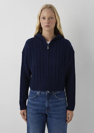 Yün Karışımlı Kapüşonlu Crop Lacivert Hırka 1710999-70492