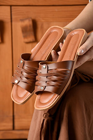 Kadın Günlük Şık Örgülü Suni Deri Terlik Rahat Yumuşak Hafif Bohça Misafir Deniz Ev Plaj SVN02