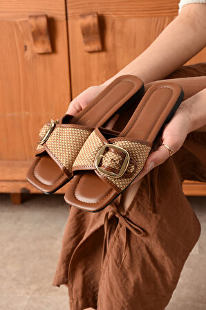 Kadın Tokalı Terlik Günlük Şık Hasır Rahat Yumuşak Bohça Misafir Deniz Ev Plaj SL01