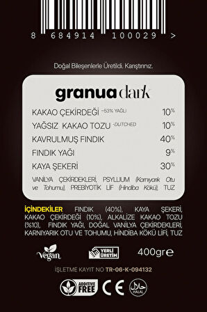 Granua — Dark | Doğal Kakao Yağında Katkısız Sürülebilir Dark Çikolatalı Fındık Kreması 400 gr