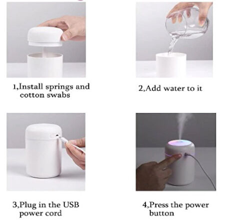 300 ml Ultrasonik Beyaz Ledli Oda Ve Araç Için Hava Nemlendirici Buhar Makinesi Ve Aroma Difüzörü