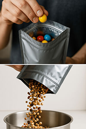 Kilitli Alüminyum Doypack Kahve Kuruyemiş Bakliyat Kedi Köpek Kuş Yemi Saklama Torbası 20x30 cm 50Li